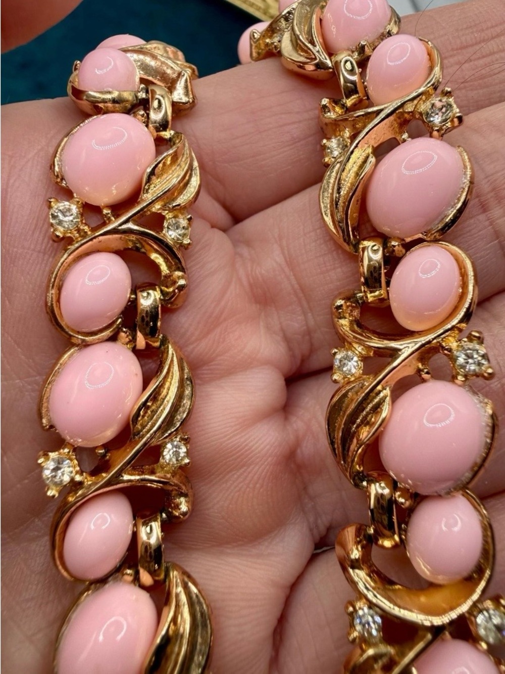 Signed Crown Trifari Pink Cabochon Rhinestone Jewelry Set - Picture 4 of 12
